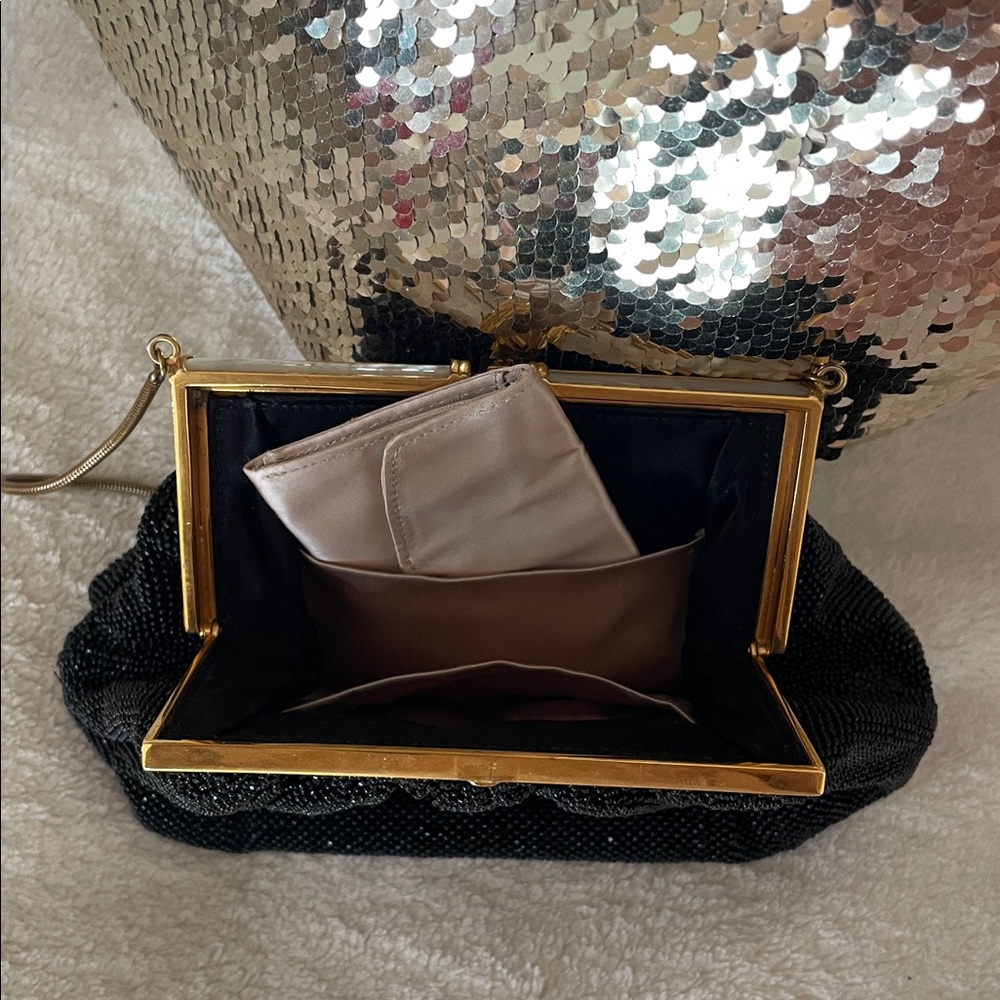 Vtg. Micro Beaded Elegant Black Evening Clutch Purse Mother of Pearl - Picture 9 of 11